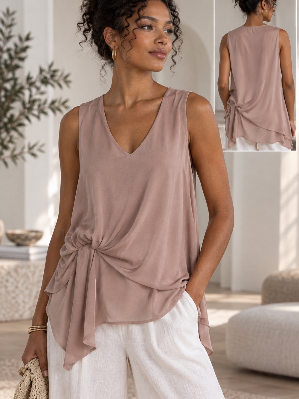 🍧MAKE OFFER🍧 Chico's Mauve Pink V-Neck Sleeveless Knot-Front Draped Tank Top SM
